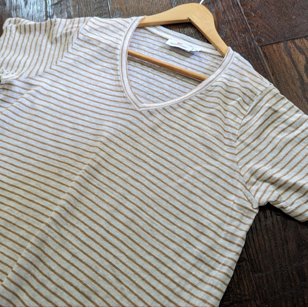 VINEYARD VINES I Tan & Creamy White Striped Linen V-Neck Short Sleeve Top, M - Picture 2 of 10